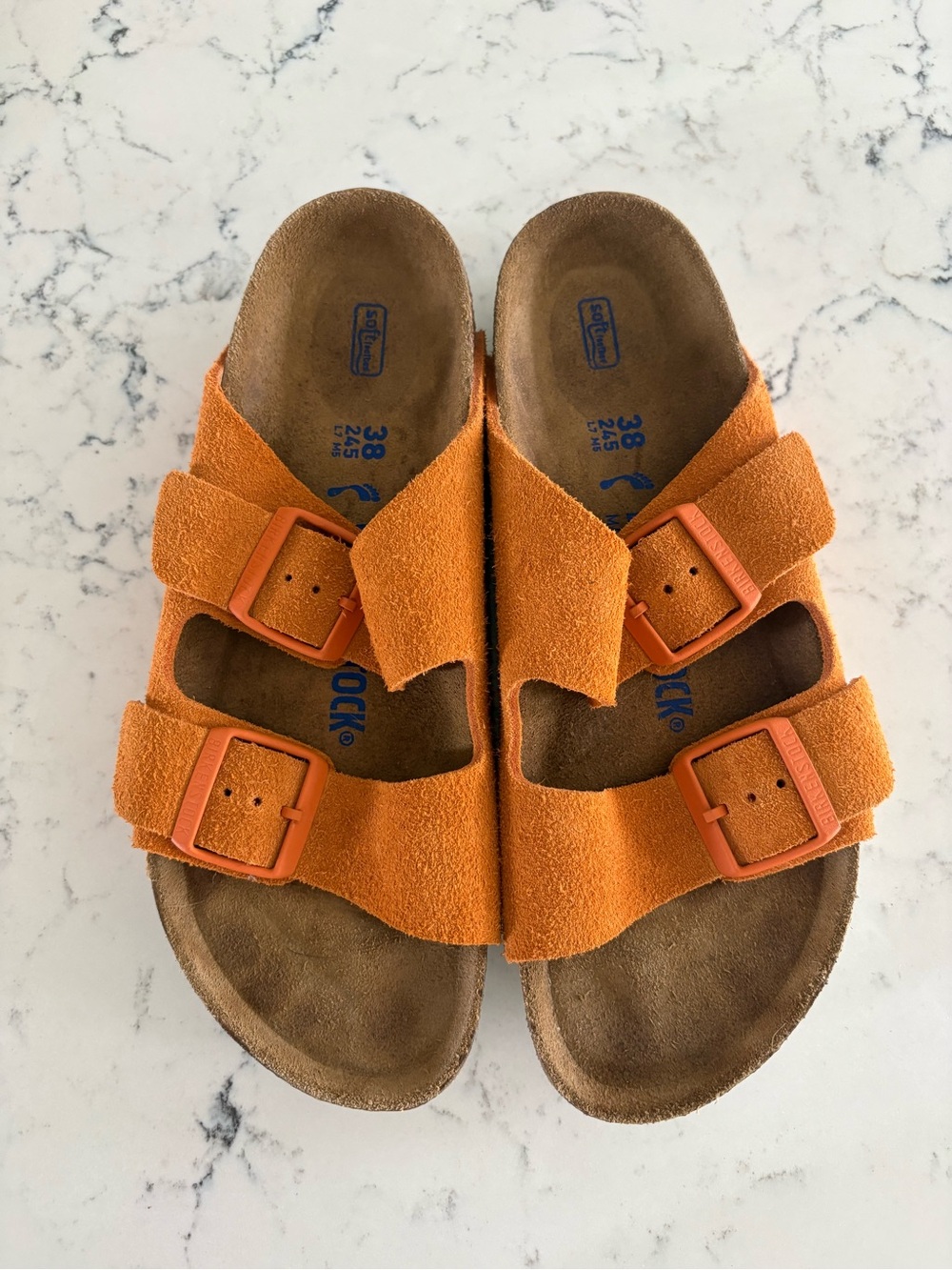Birkenstock Arizona Soft Footbed Orange Suede Two-Buckle Sandals